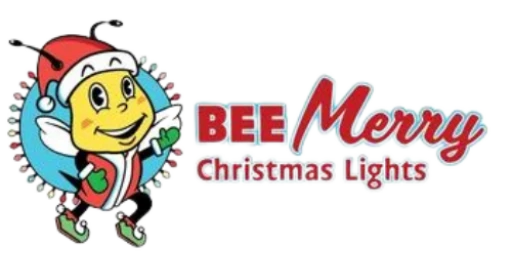 Bee Merry Christmas Lights — bee mascot in a Santa hat beside the Bee Merry Christmas Lights wordmark